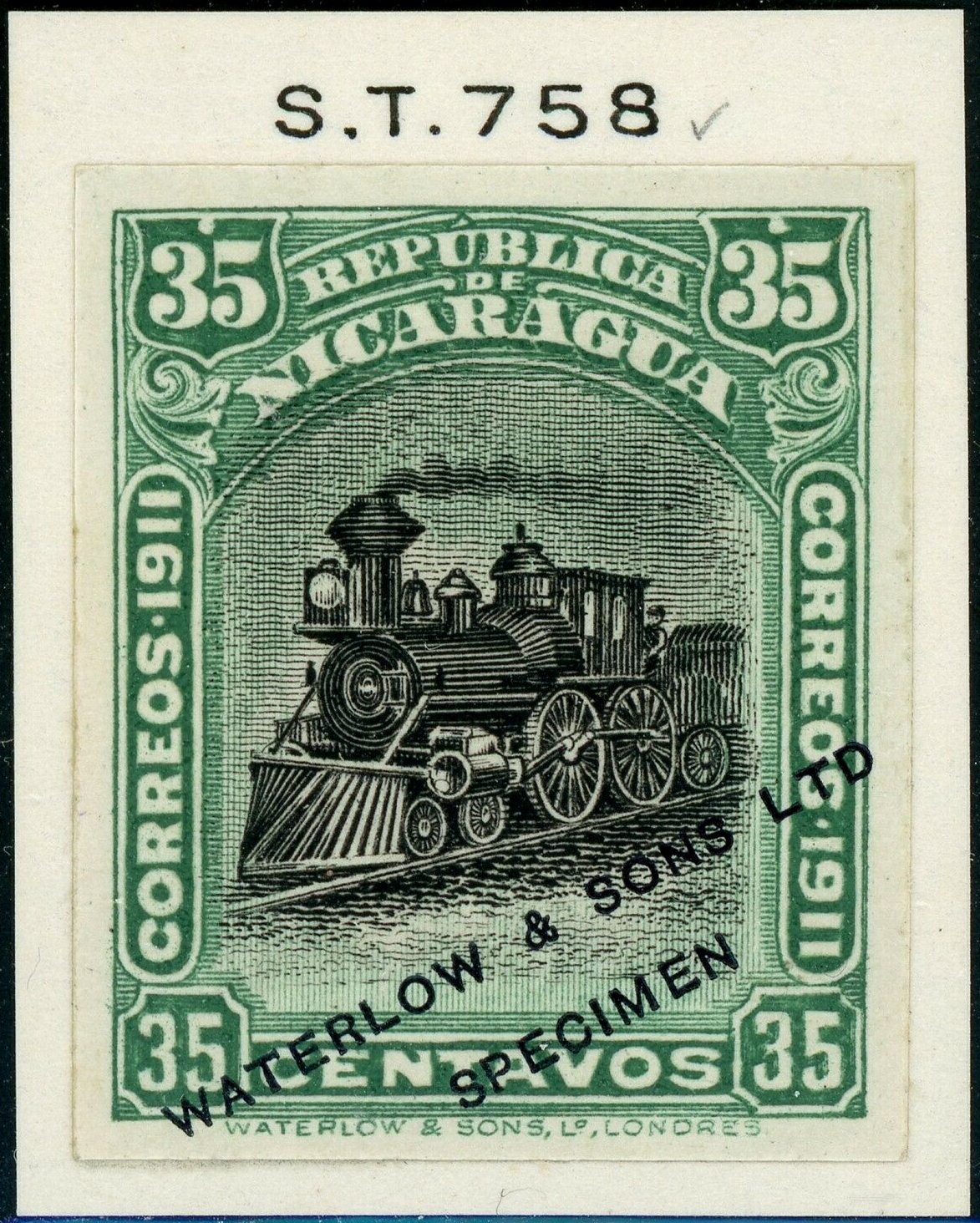 Nicaragua Waterlow 1912 Locomotive stamp 25c design Imperforate Printers' Sample Color Trials Specimen Stamps from Salesmen's books